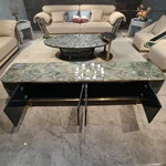 Refined Deep Green Textured TV Stand with Marble Top, Gold Metal Base and Concealed Storage Compartments
